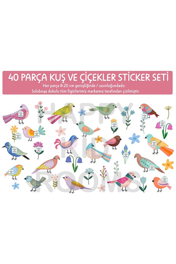 Suluboya Tropikal Kuşlar ve Çiçekler Çocuk Odası Duvar Sticker Seti - 4