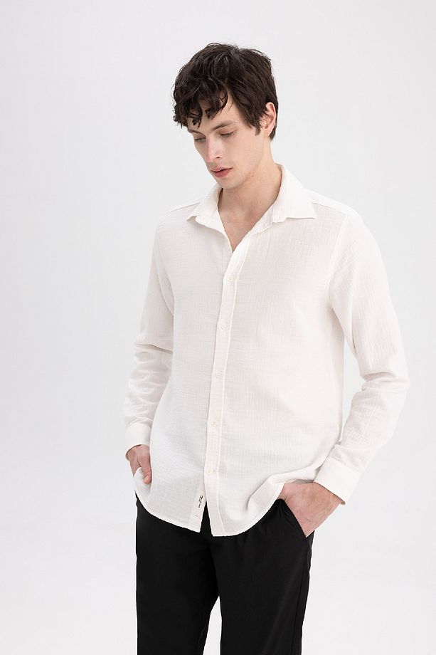 Regular Fit Polo Yaka Pamuklu Basic Düz Yazlık Uzun Kollu Müslin Gömlek C4372ax24sp - 3