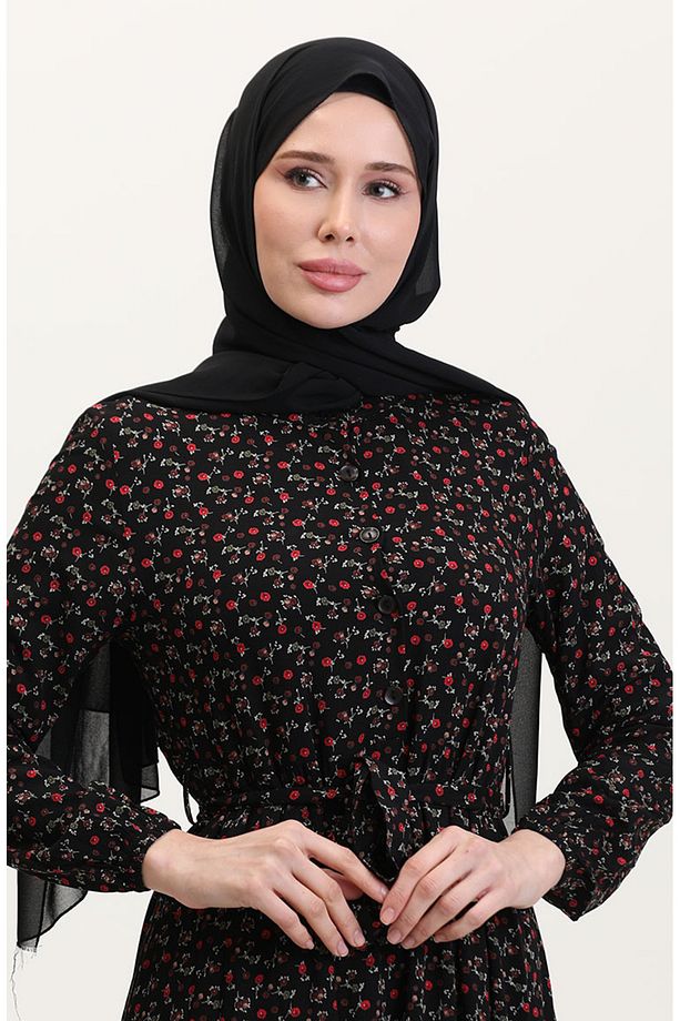 Viskon Kumaş Yarım Düğmeli Desenli Elbise 4069-04 Siyah - 4