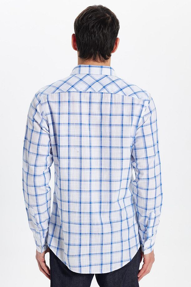 Erkek Slim Fit Dar Kesim %100 Pamuk Keten Doku Kareli Gömlek - 5