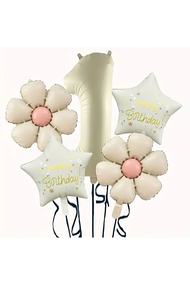 Cream Daisy 1 Year Old Happy Birthday Star Number Foil Balloon Set