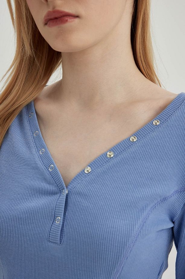 Coool Fitted V Yaka Crop Fitilli Kaşkorse Uzun Kollu Tişört C4399ax24sp - 5