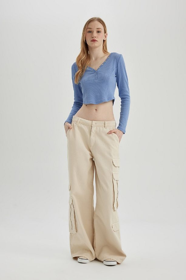 Coool Fitted V Yaka Crop Fitilli Kaşkorse Uzun Kollu Tişört C4399ax24sp - 2