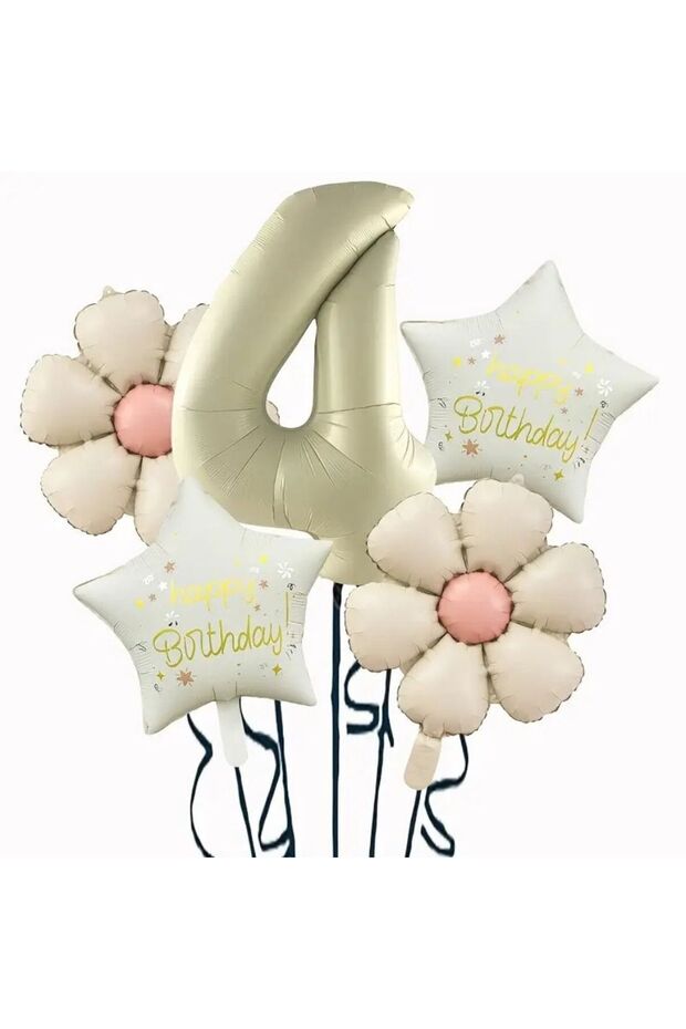 Cream Daisy 4 Years Old Happy Birthday Star Number Foil Balloon Set