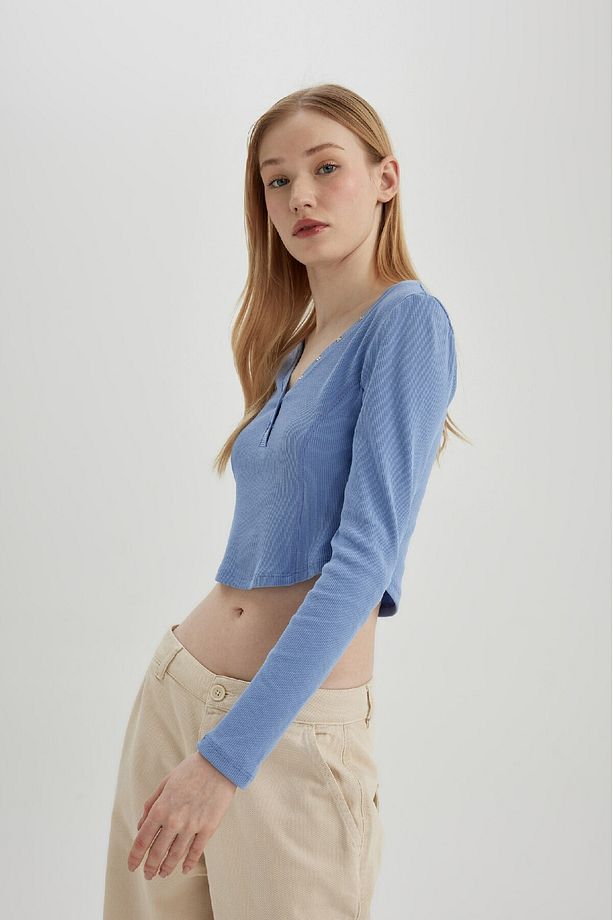 Coool Fitted V Yaka Crop Fitilli Kaşkorse Uzun Kollu Tişört C4399ax24sp - 4