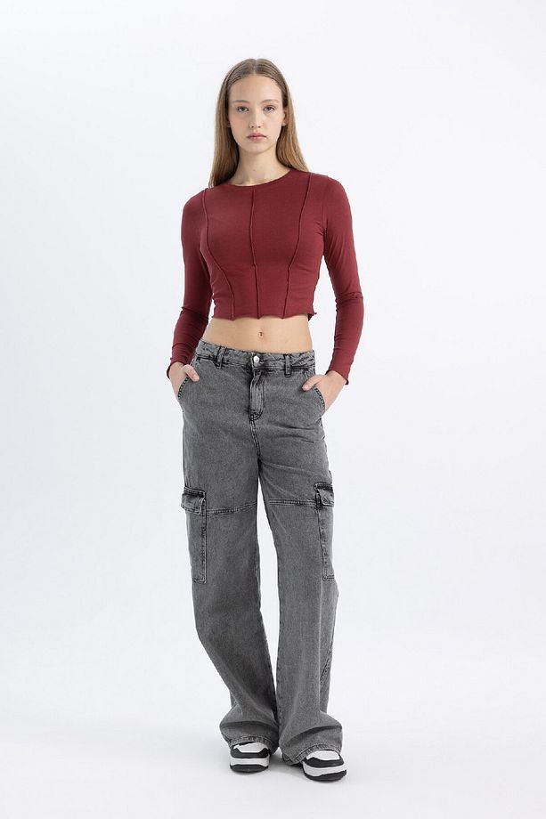 Coool Fitted Bisiklet Yaka Basic Düz Crop Uzun Kollu Tişört C4469ax24sp - 5
