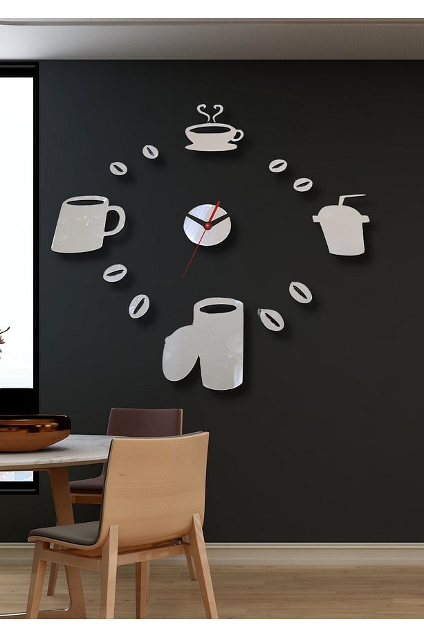 Gümüş Pleksi Kahve Çay Fincan Duvar Saati - Mutfak Cafe Kahve Köşesi Için Mdf 50x50 Cm Tablo Saat - 2