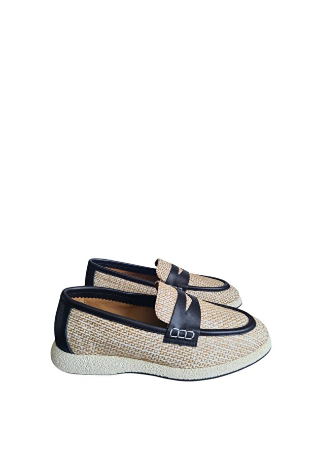"Genuine Leather Straw Patterned Comfortable Women's Loafer Shoes – Elegance and Comfort Combined"