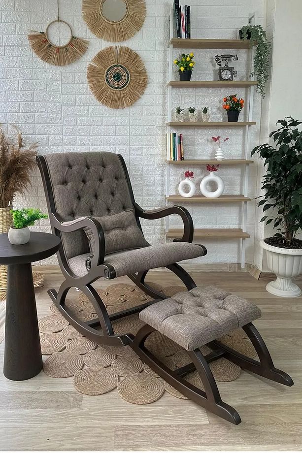 Rustik Kol Detaylı Kapitone Sallanan Sandalye Berjer TV Koltuğu Ceviz Kahve PUF DAHİL - 5