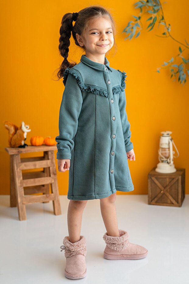 Girl's Tasseled Buttoned Green Dress 2-7 years old