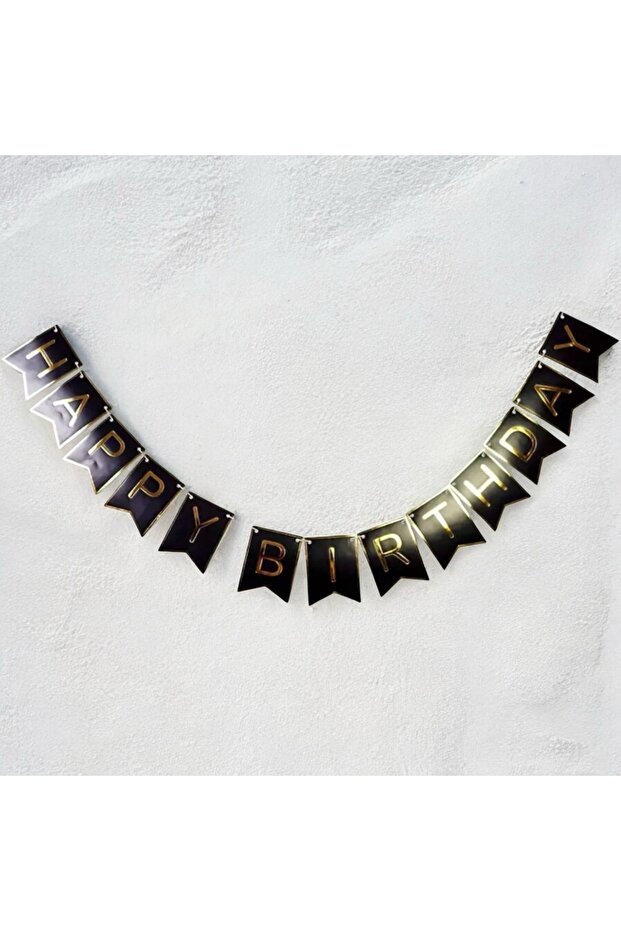 Happy Birthday Birthday Ornament Banner with Gold Writing on Black
