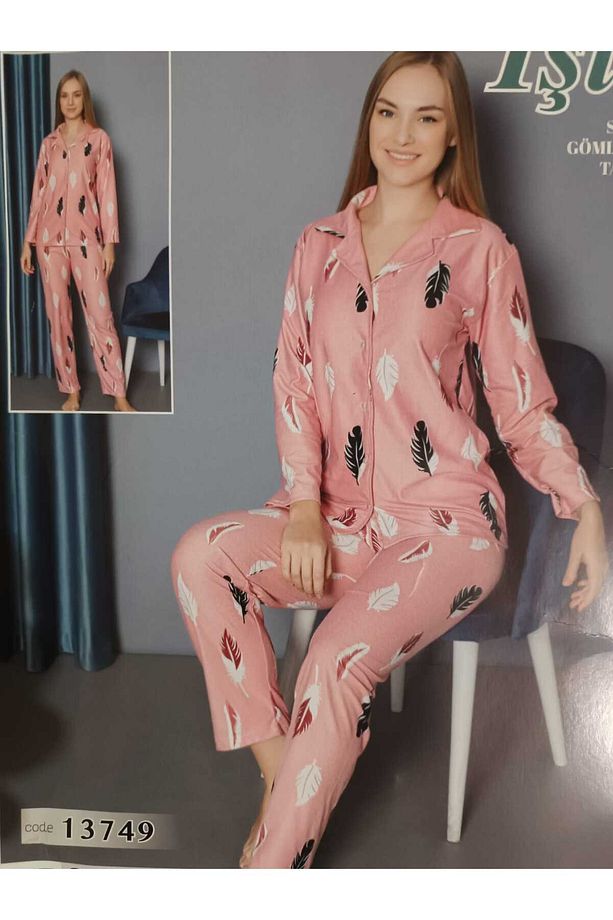 Süet Gömlek Yakalı Düğmeli Alt Üst Pijama Takımı - 1