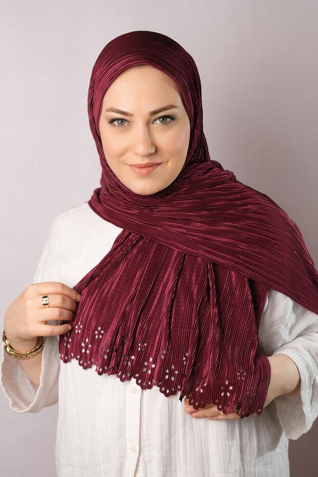 Wine Practical Ready-made Interlocking Hijab Scarf Fukuro Pleated Flower Patterned Laser Cutting 1819_08