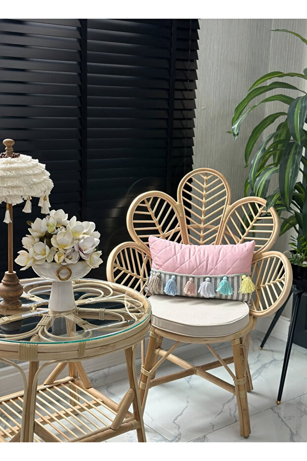 Bambu Rattan Papatya Çiçek Sandalye Minderli - 1