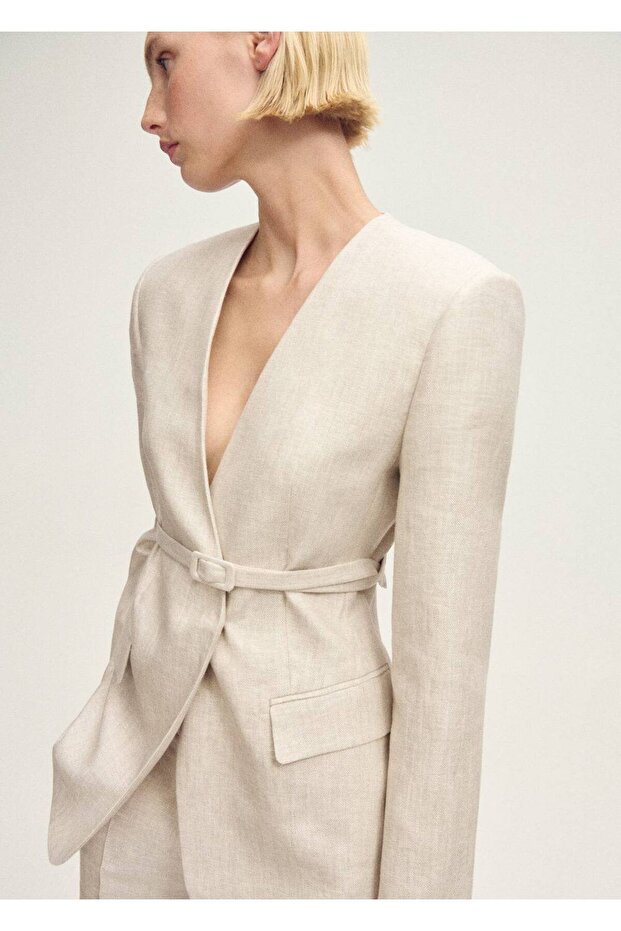 Kemerli keten blazer ceket - 1