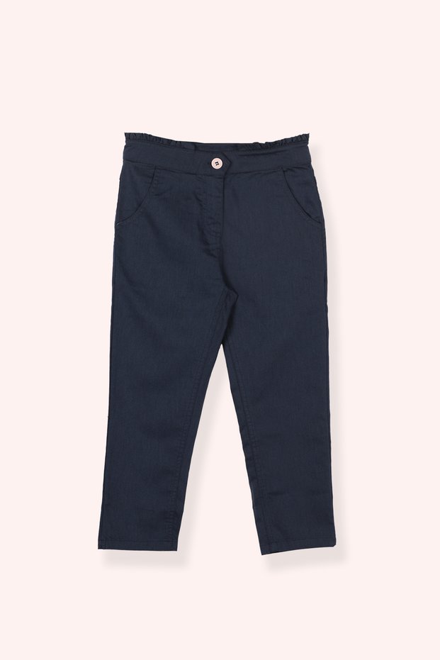 Girl's Elastic Waist Navy Blue Trousers with Back Pocket Embroidery Detail