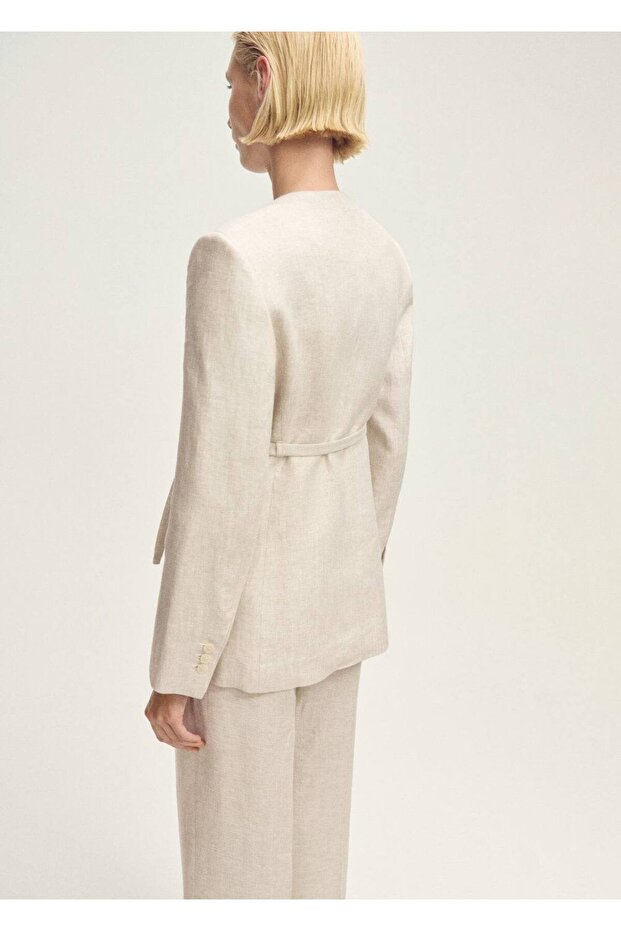 Kemerli keten blazer ceket - 4