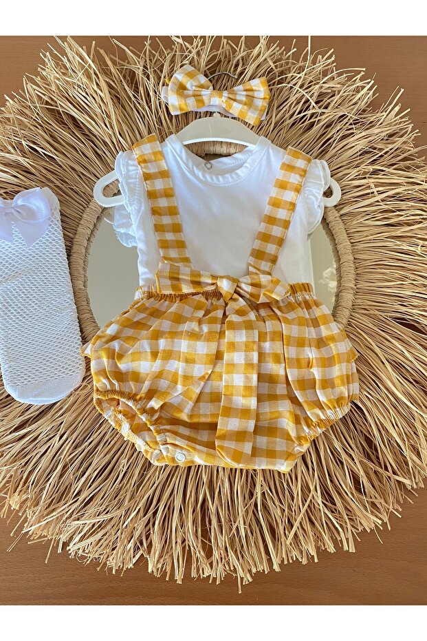 Girl's Gingham Romper Blouse Bandana and Socks Set