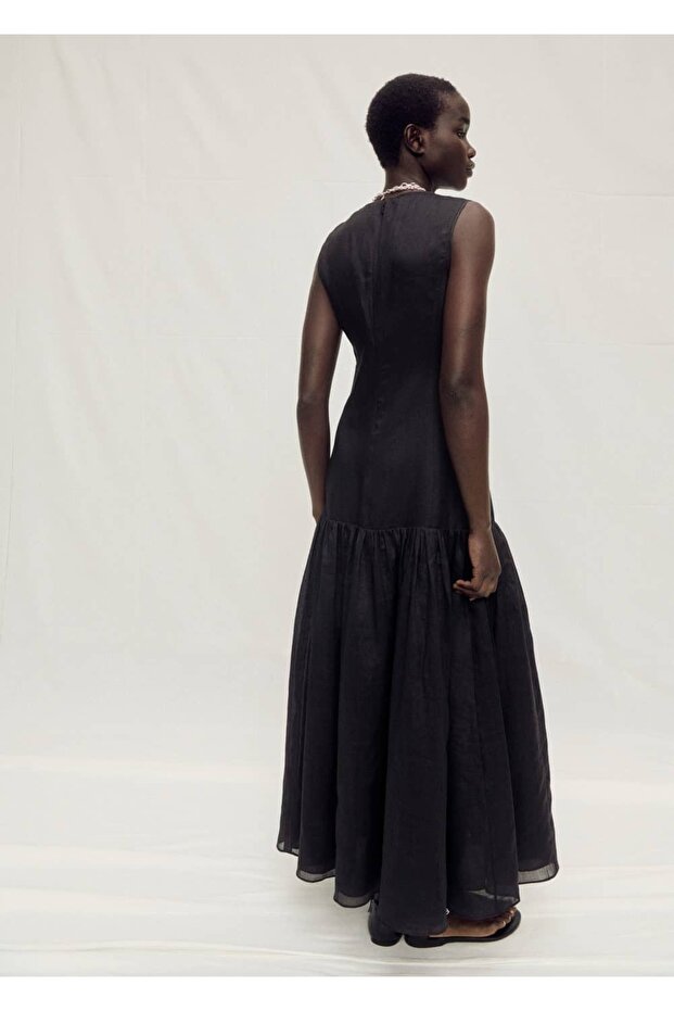 Keten karışımlı volanlı elbise - 4