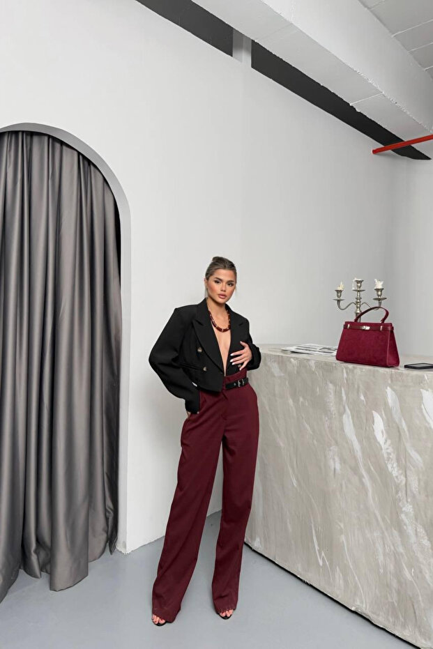 Poliviskon Fabric Belt Detailed Claret Red Trousers