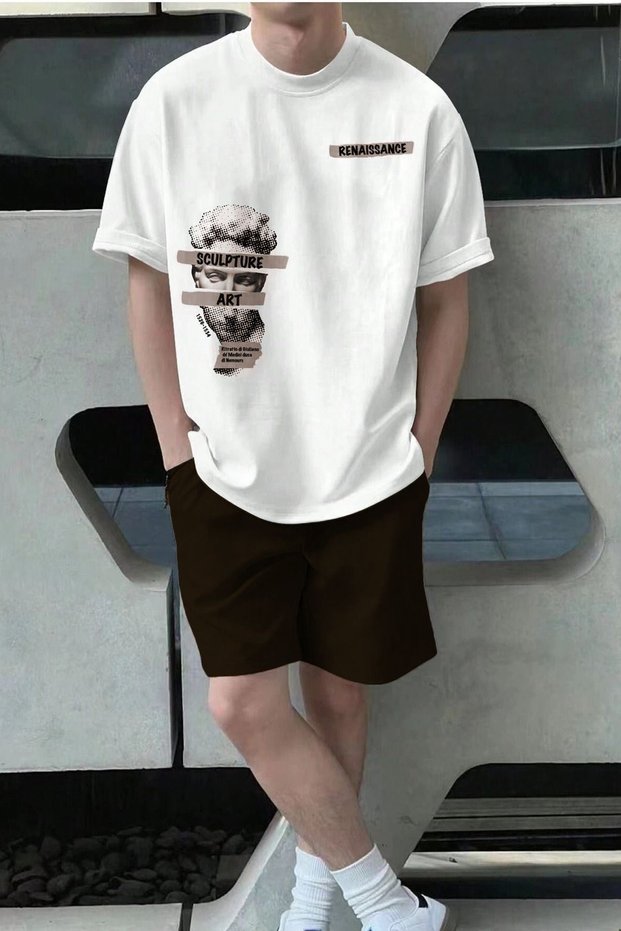 Art T-Shirt Shorts - White Coffee Bottom Top Set Shorts T-Shirt Combination Printed Crew Neck
