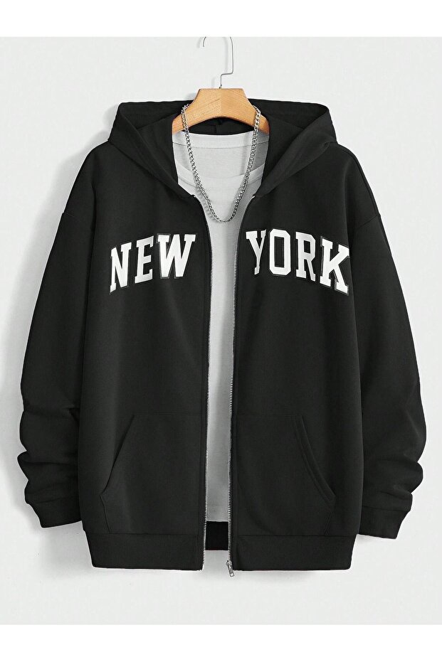 New York Zippered Cardigan Sweatshirt - Black Printed Oversize Winter Thick Hoodie