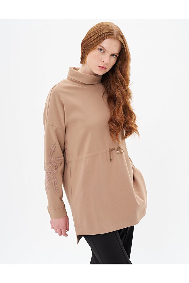 Nakış İşlemeli Sweatshirt Bej - 1