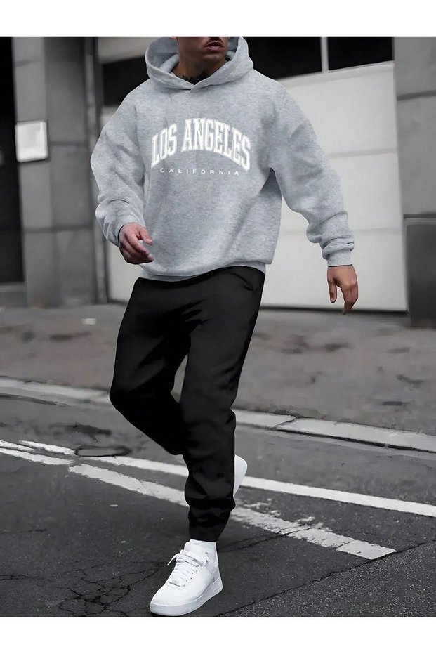 Los Angeles California Tracksuit Set Gray Sweatshirt Black Jogger - Printed Oversize Hoodie