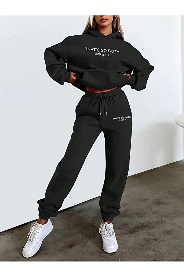 3 İplik That so Faith Sweatshirt Sweatpants Jogger - Black Printed Bottom Top Sweatpants Set Hooded
