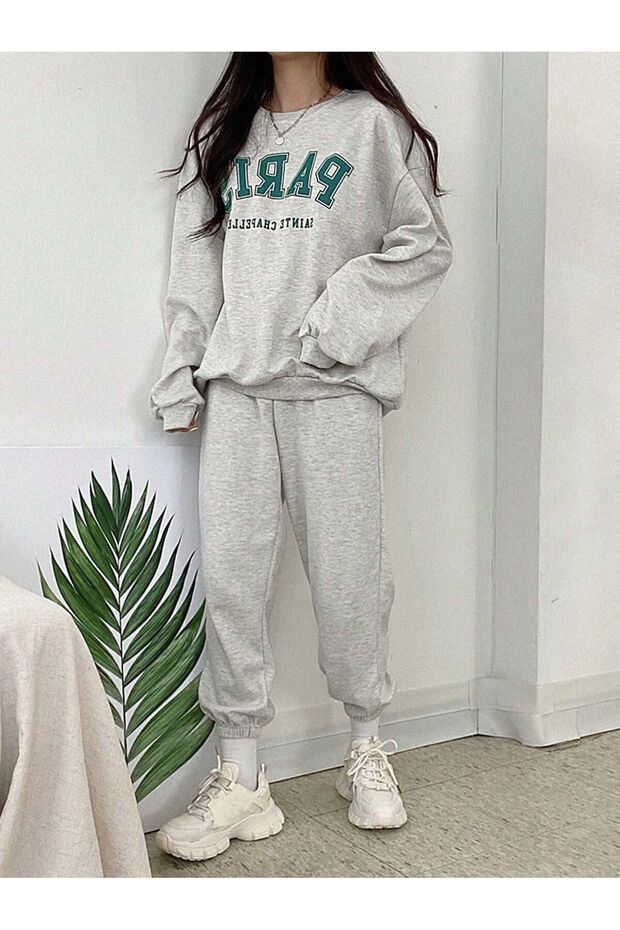 Paris Sweatshirt Sweatpants Jogger - Gray Printed Bottom Top Tracksuit Set Crew Neck