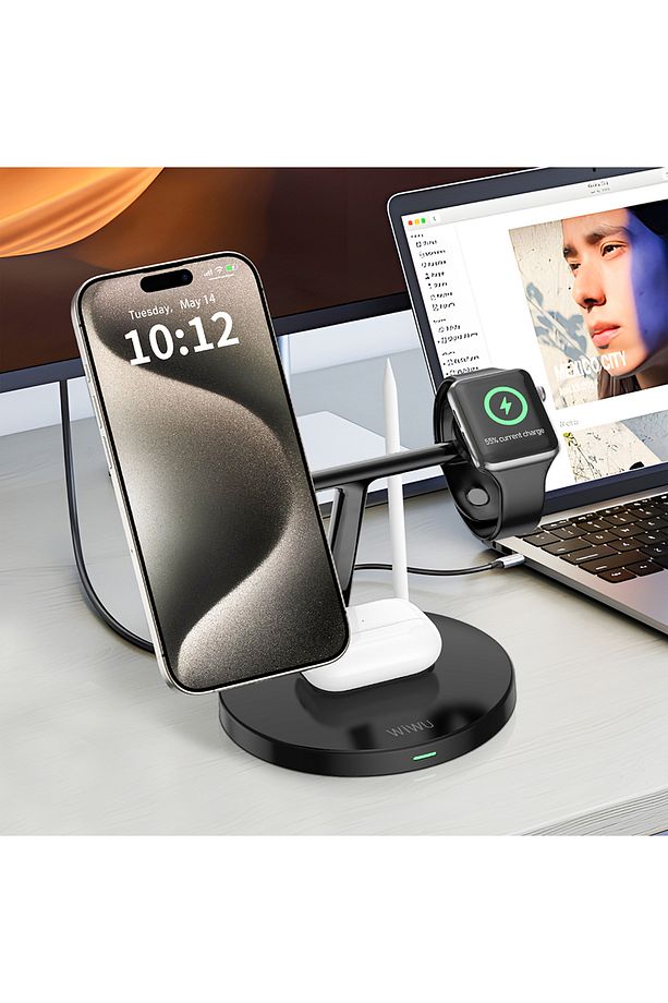 Wi-W032 4 in 1 Magnetik Hızlı Şarj Özellikli Kablosuz Şarj Standı 15W Siyah - 3