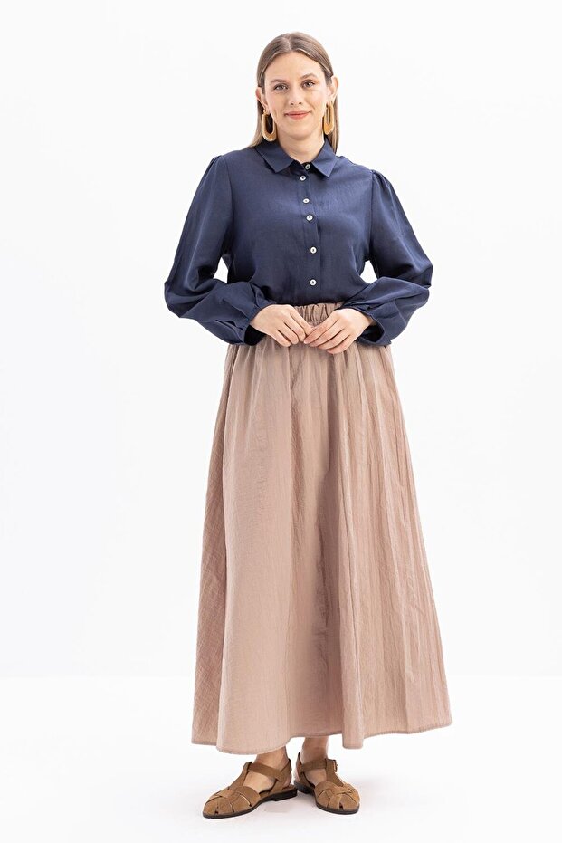Mink-Kraşlı Flared Skirt with Elastic Waist