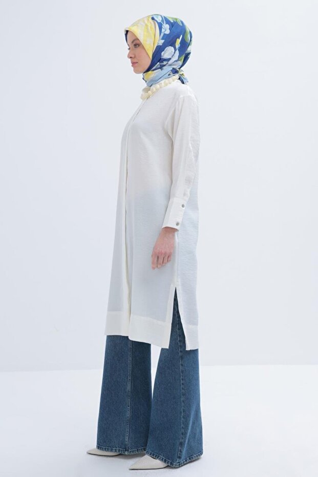 Ekru-Taş Düğmeli Uzun Modal Gömlek - 3