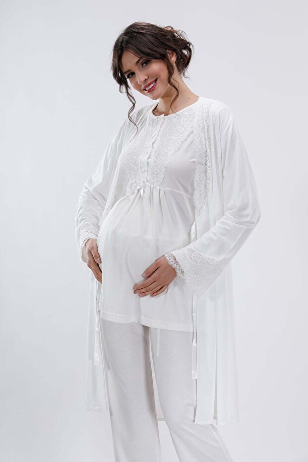 Ekru Hamile Ve Lohusa Pijama Takımı 3'lü Set - 1