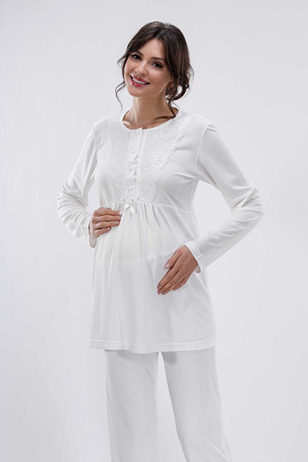 Ekru Hamile Ve Lohusa Pijama Takımı 3'lü Set - 3