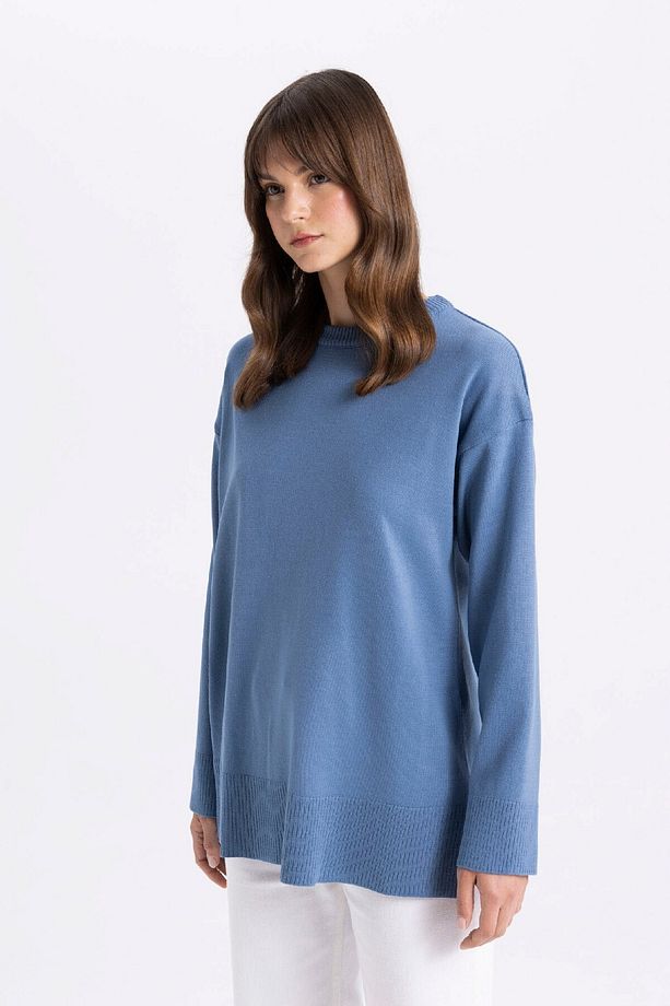 Regular Fit Bisiklet Yaka Yandan Yırtmaçlı Basic Düz Triko Kazak Tunik C5165ax24au - 4