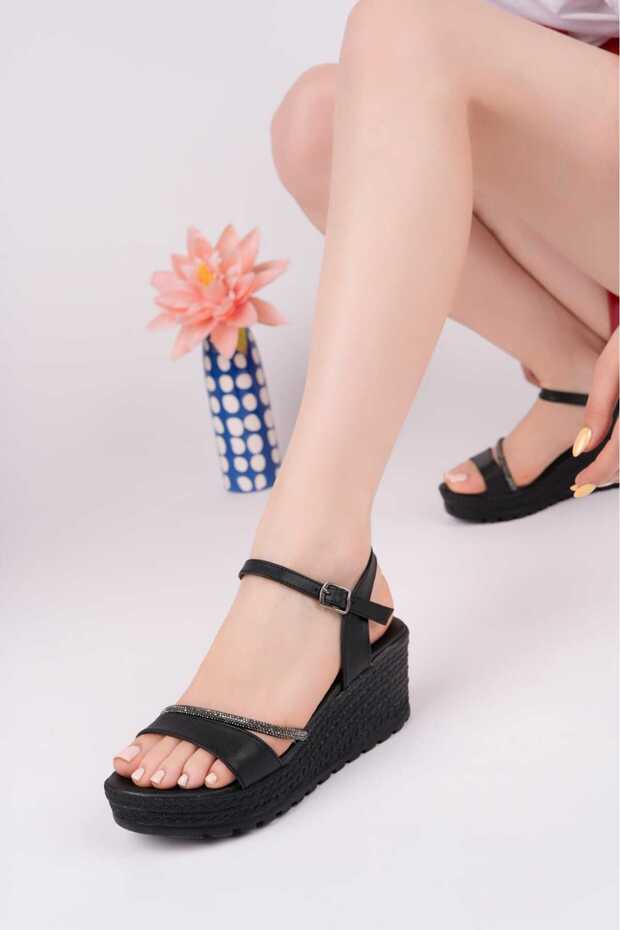 Black Single Strap Feta Wedge Orthopedic Summer Sandals - Light Heel