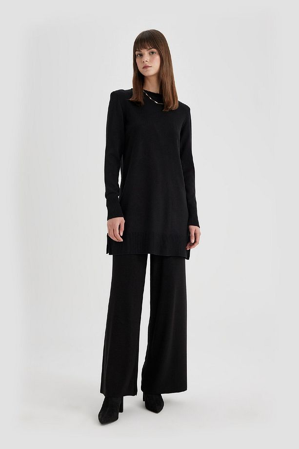 Regular Fit Bisiklet Yaka Yırtmaçlı Basic Düz Triko Kazak Tunik H3431az24au - 2