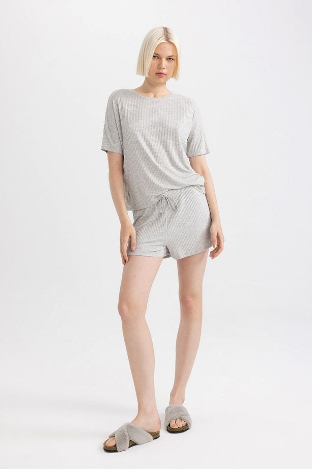 Pijama Takımı Ribana Kısa Kollu Üst Beli Lastikli Şort Altı-fall In Love B8732ax24sm - 1