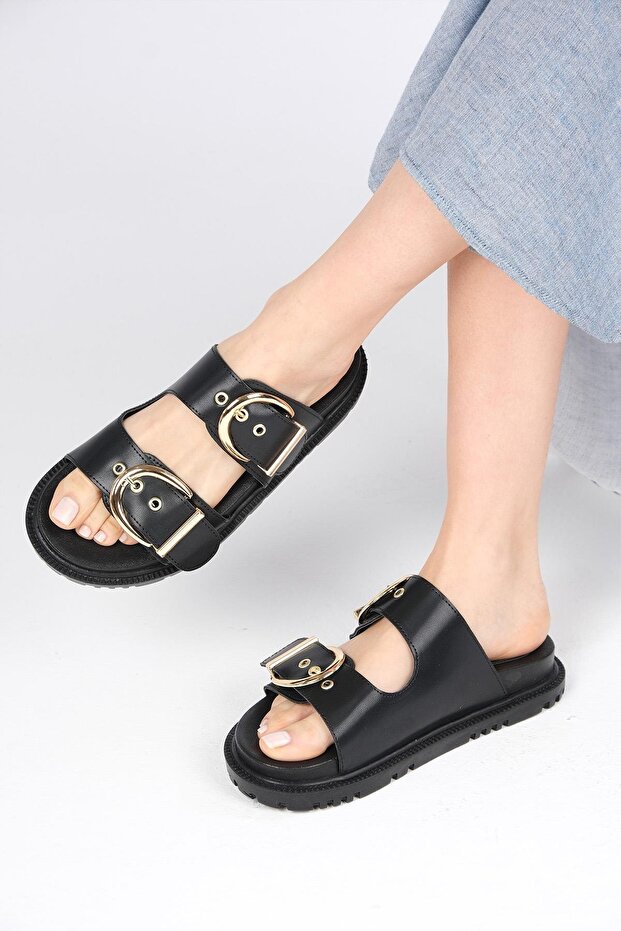 Estella Black Color Double Buckle Women's Slippers