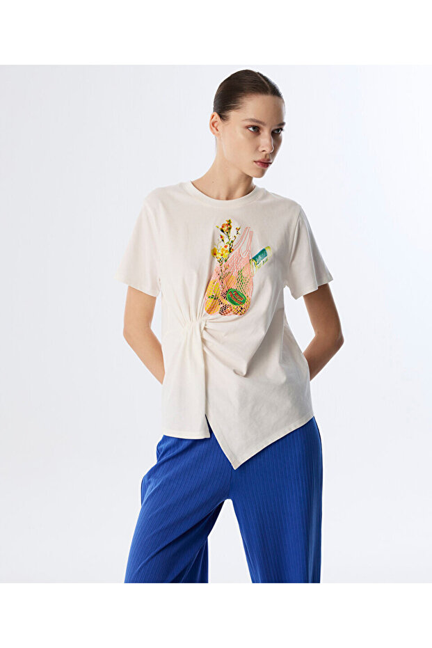 DRAPELİ GÖRSEL BASKILI T-SHIRT - 1