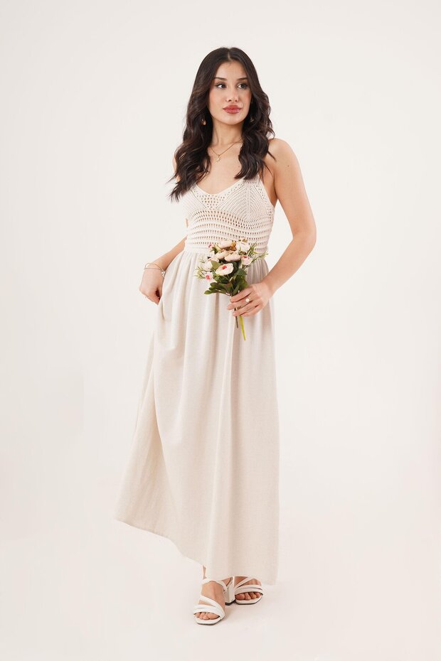 Openwork Strap Waist Fitted Maxi Stone Dress