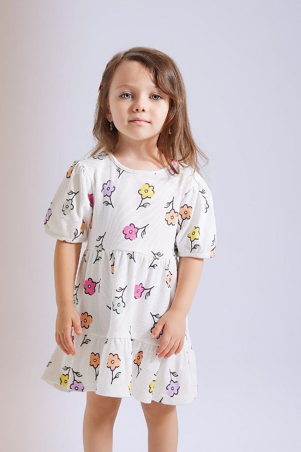Kız Bebek Çiçekli Kısa Kollu Waffle Elbise C4492A524SM - 2