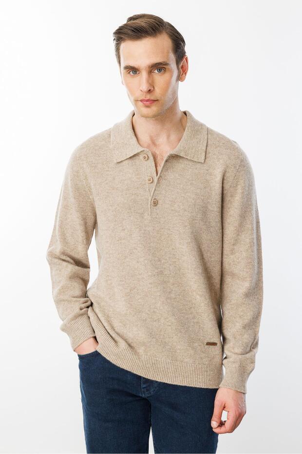 سترة صوف أساسية بياقة بولو للرجال باللون البيج الداكن - 4