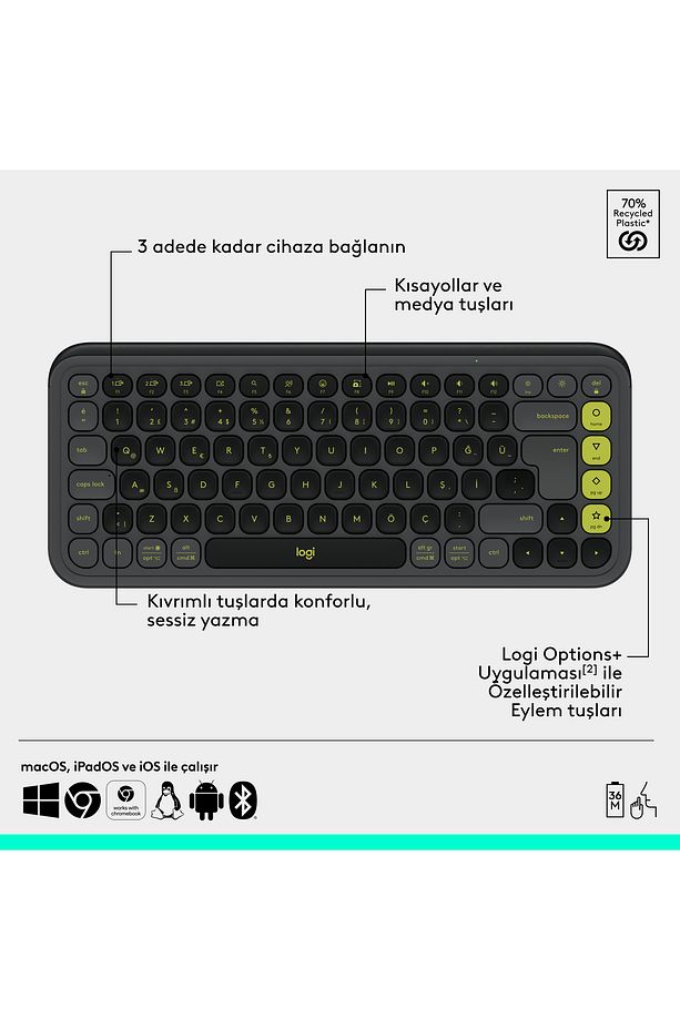 POP ICON Kablosuz Bluetooth Sessiz Türkçe Q Klavye ve Mouse Seti - Siyah 920-013075 - 7