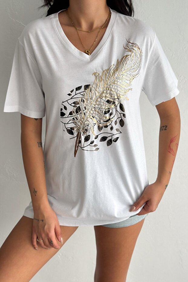 Women's White V-Neck Plus Size Feather Pattern Sequin Sequin Embroidered 100% Cotton T-Shirt