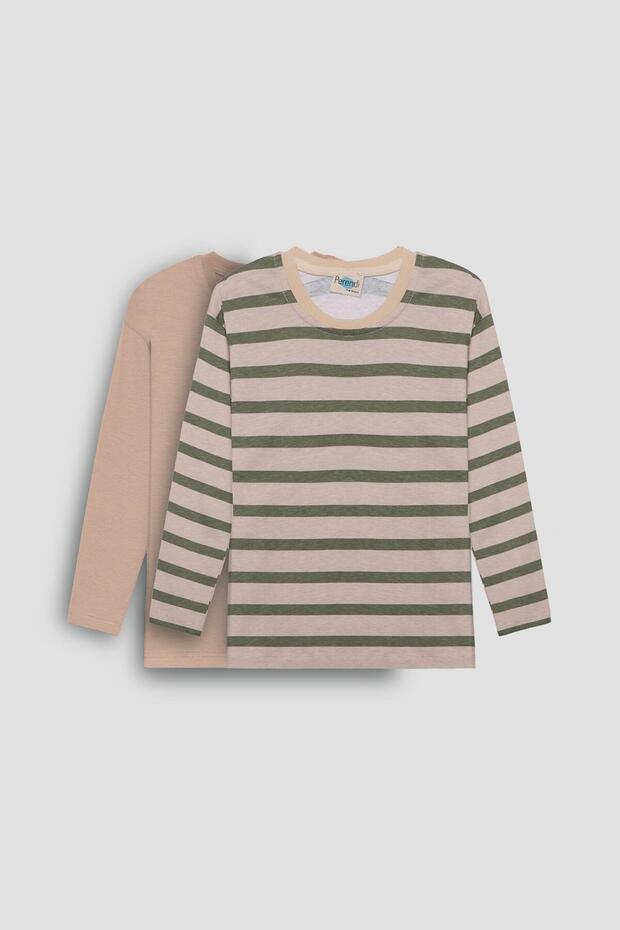 Perendi 2'li Bisiklet Yaka Uzun Kollu Çizgili Ve Düz Unisex Çocuk Tshirt Haki Bej-bej