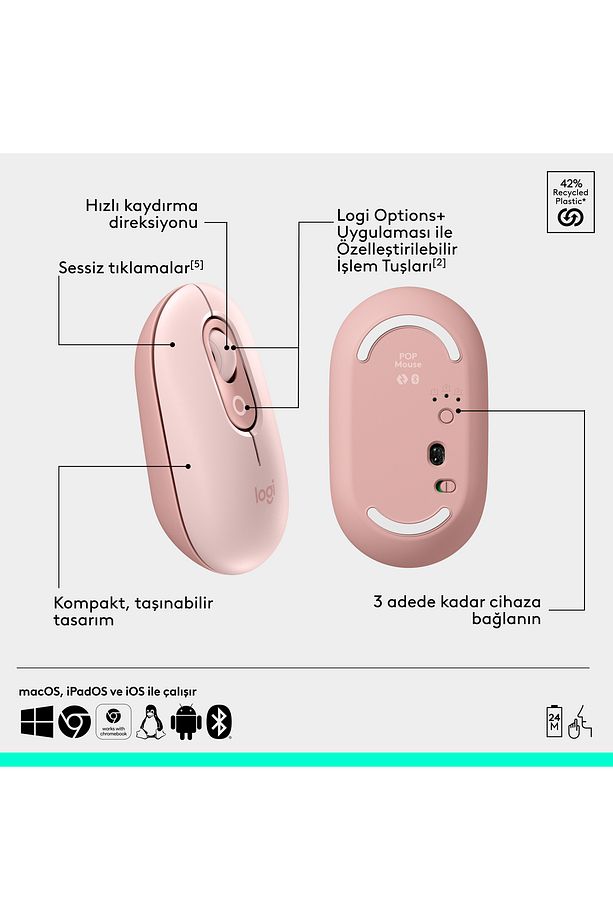 POP ICON Kablosuz Bluetooth Sessiz Türkçe Q Klavye ve Mouse Seti - Pembe 920-013077 - 9