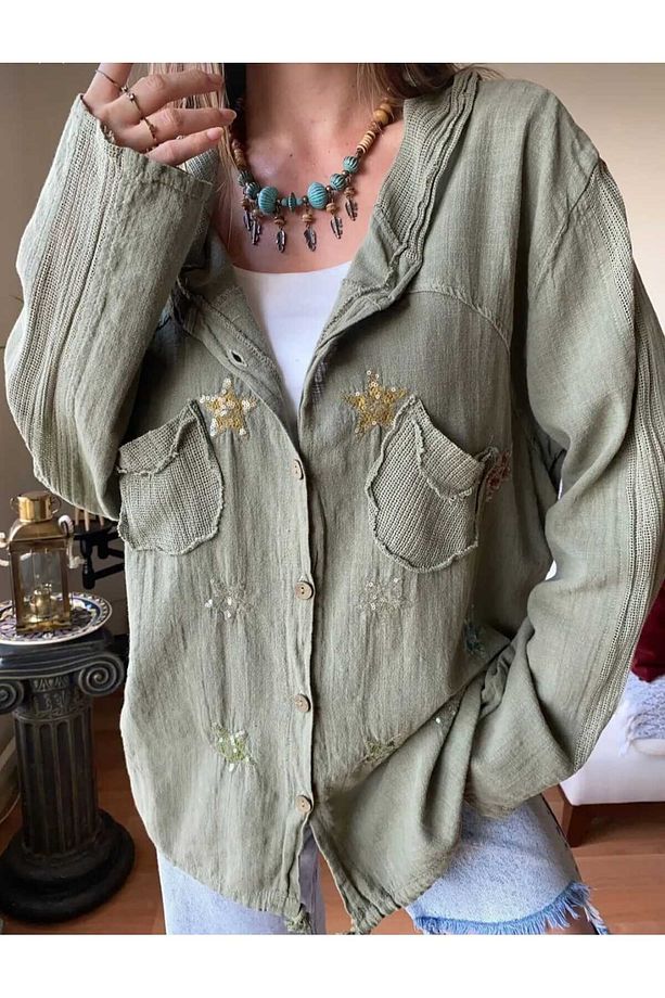 Kadın Oversize Ceket Yıldız ve File Detay Kapüşonlu %100 Pamuk Premium Dokuma Kumaş - 1
