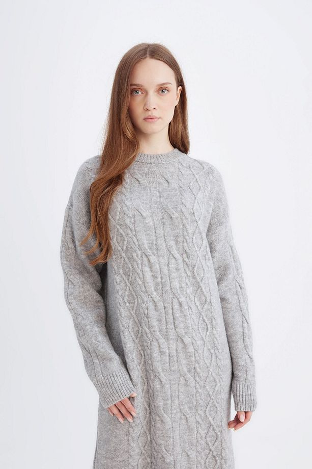 Regular Fit Bisiklet Yaka Saç Örgü Desenli Basic Düz Uzun Kollu Midi Triko Elbise Y2073az24wn - 4